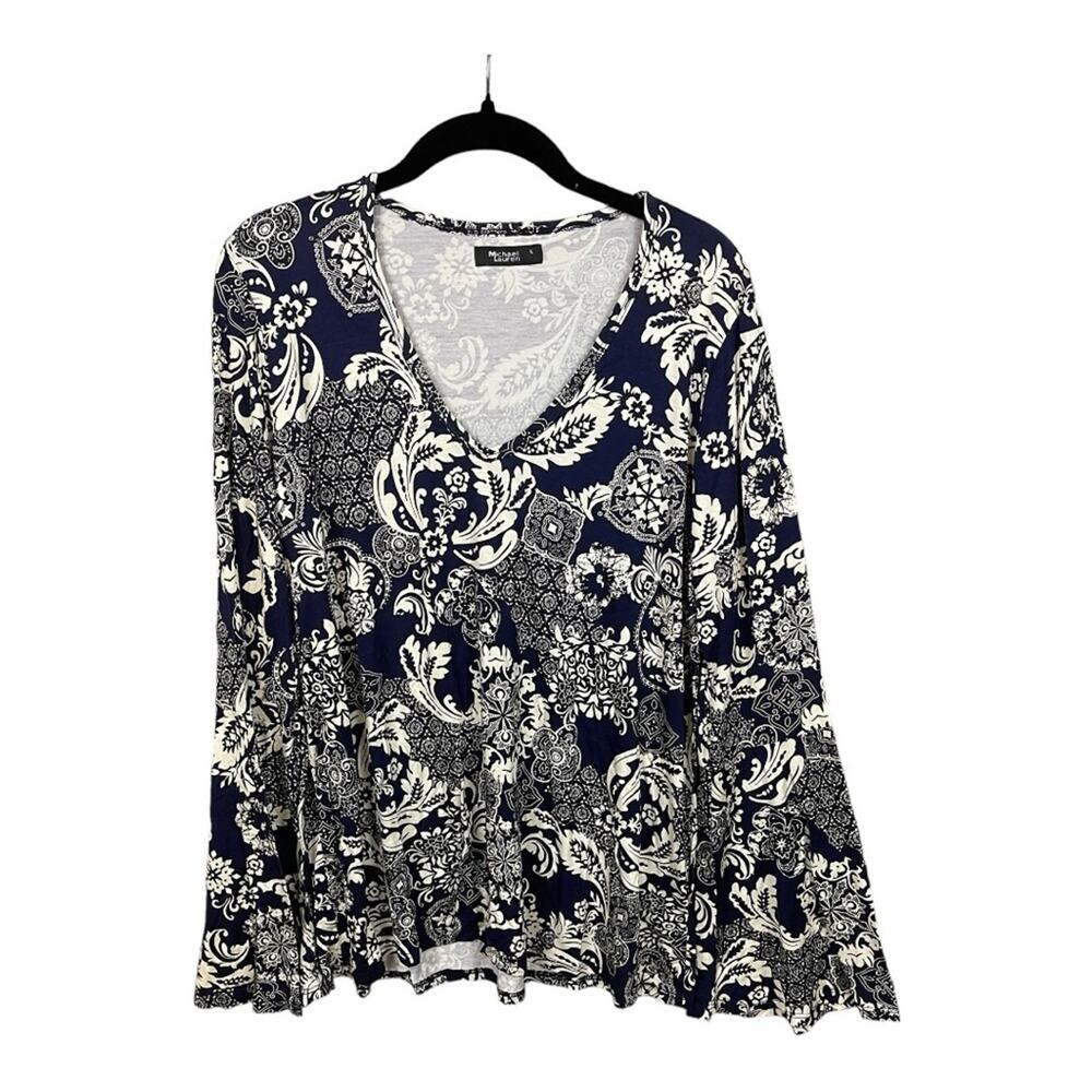 Michael Lauren Oak Bell Long Sleeve Top In Navy Blue and White Size L NWT - Picture 2 of 8